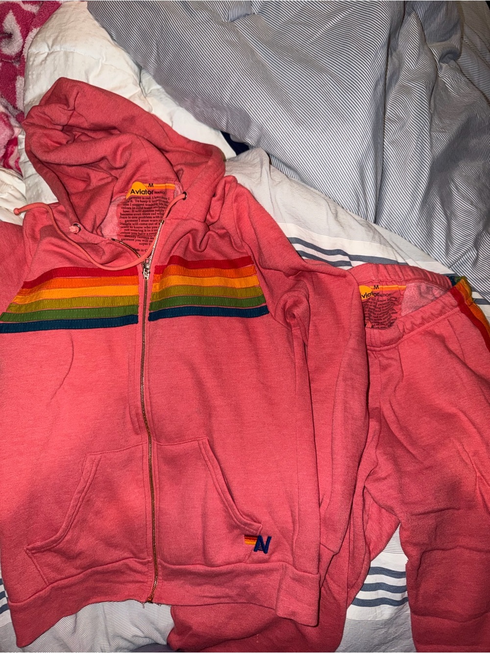 Aviator Nation Women Coral Zip Hoodie SET with Rainbow Chest Stripes and pants